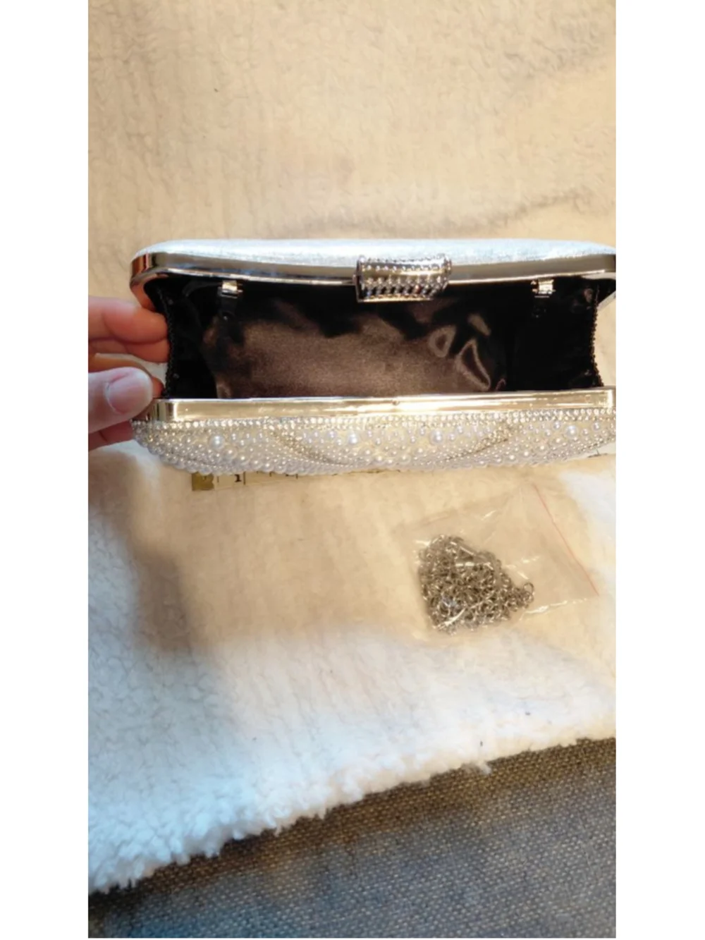 Women's White Silver Beaded Clutch shiny rhinestones new with tags